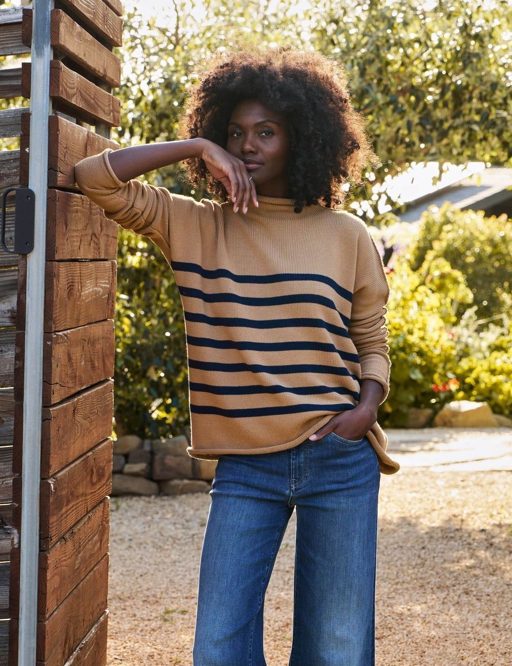 Frank & Eileen Monterey Rolled Funnel Neck Sweater Camel and Navy Stripe Small